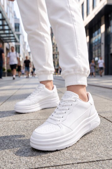 Unisex Beyaz Bağcıklı Snekaer Kalın Tabanlı Yürüyüş ve Spor Ayakkabı Code