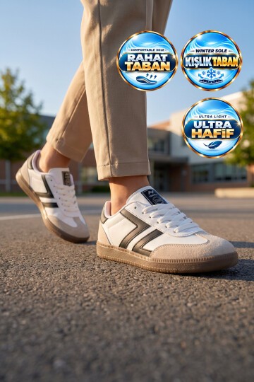 Bağcıklı Şık Rahat Hafif Beyaz-Siyah Unisex Yürüyüş ve Spor Ayakkabı Sneaker 234750