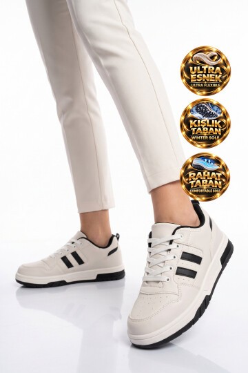 Unisex Beyaz-Siyah Bağcıklı Sneaker Kalın Tabanlı Yürüyüş ve Spor Ayakkabı Foor
