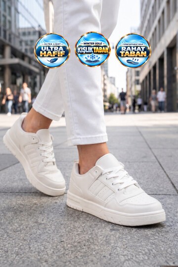 Unisex Beyaz Bağcıklı Sneaker Kalın Tabanlı Yürüyüş ve Spor Ayakkabı Foor