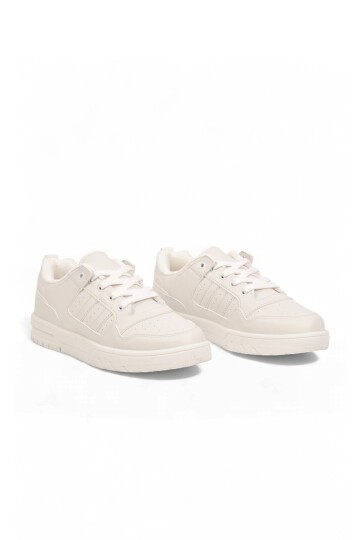 Unisex Beyaz Bağcıklı Sneaker Kalın Tabanlı Yürüyüş ve Spor Ayakkabı Foor
