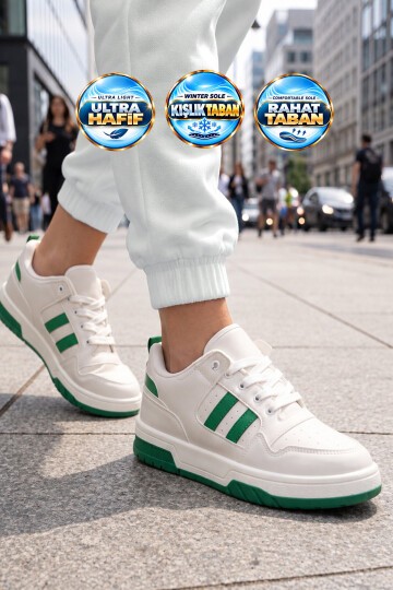 Unisex Beyaz-Yeşil Bağcıklı Sneaker Kalın Tabanlı Yürüyüş ve Spor Ayakkabı Foor