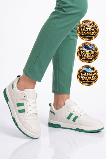 Unisex Beyaz-Yeşil Bağcıklı Sneaker Kalın Tabanlı Yürüyüş ve Spor Ayakkabı Foor