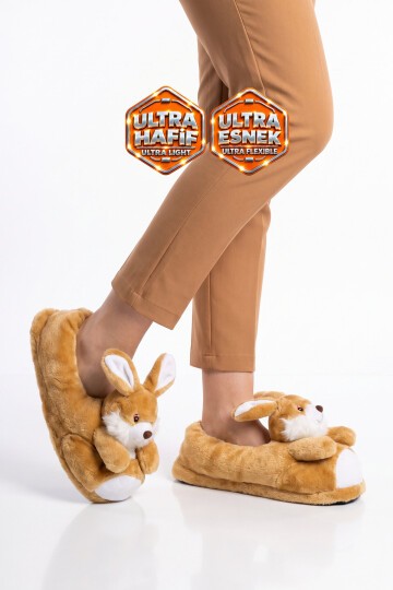 Tavşan Desenli Camel Unisex Ev Terliği Sıcak Tutan Ev Pandufu H025.Z.0000