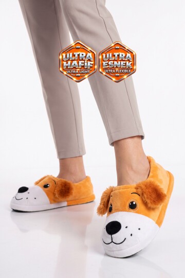 Köpek Desenli Camel Unisex Ev Terliği Sıcak Tutan Ev Pandufu H025.Z.0008