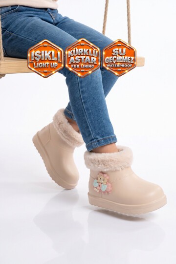 Ekru Unisex Çocuk Bot İçi Kürklü Soğuğa Dirençli Aksesuarı Işıklı Çizme 515