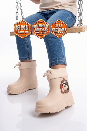 Ekru Unisex Çocuk Bot İçi Kürklü Soğuğa Dirençli Aksesuarı Işıklı Çizme 530