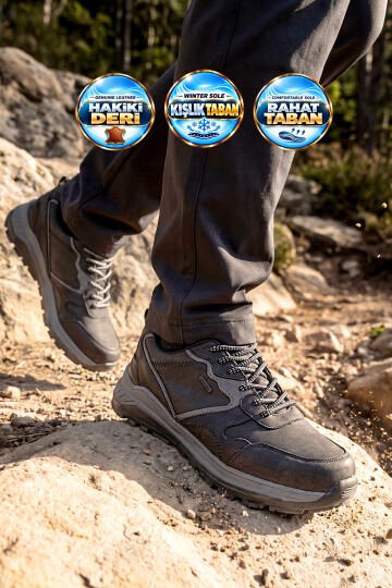 Erkek Bağcıklı Kaymaz Tabanlı Su İtici Siyah Hakiki Deri Outdoor Trekking Ayakkabı 2526