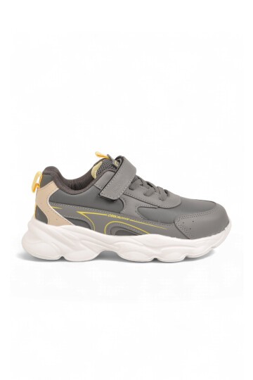 Gri Unisex Çocuk Yürüyüş ve Spor Ayakkabı Cırtt Bantlı Kalın Taban Sneaker Kornos