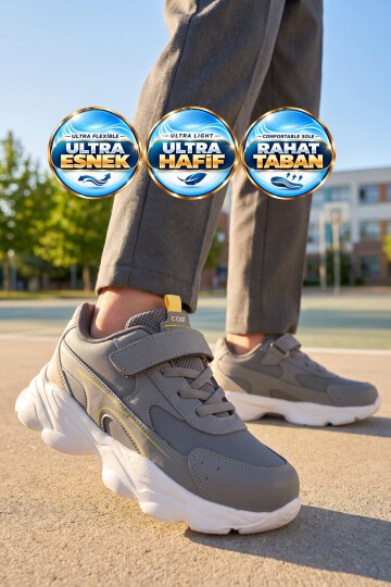 Gri Unisex Çocuk Yürüyüş ve Spor Ayakkabı Cırtt Bantlı Kalın Taban Sneaker Kornos
