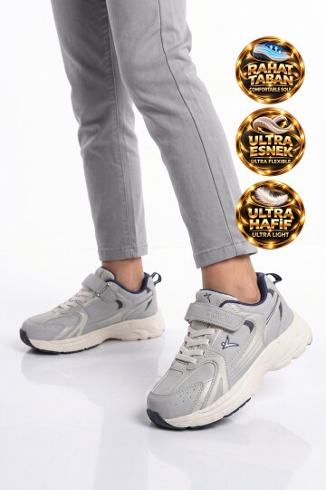 Gri Erkek Çocuk Yürüyüş ve Spor Ayakkabı Cırt Bantlı Kalın Rahat Tabanlı Sneaker Terra 26K