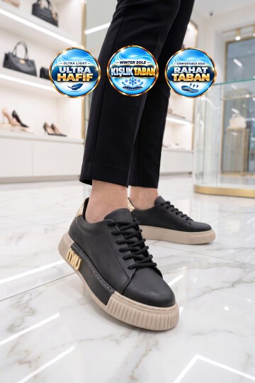 Kadın Siyah Bağcıklı Kalın Tabanlı Şık Rahat Sneaker Günlük Casual Yürüyüş Ayakkabı 261261