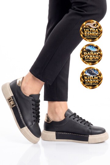 Kadın Siyah Bağcıklı Kalın Tabanlı Şık Rahat Sneaker Günlük Casual Yürüyüş Ayakkabı 261261