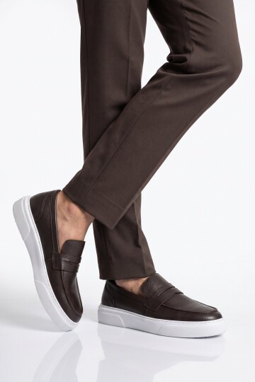 Erkek Kahve-Beyaz Hakiki Deri Casual Loafer Ayakkabı 272305