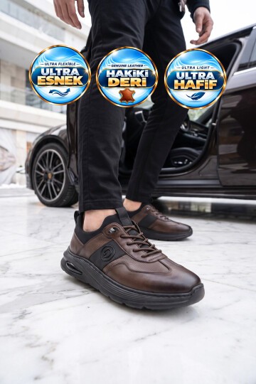 Kahve Hakiki Deri Erkek Casual Ayakkabı Şık Rahat Tabanlı Bağcıklı Sneaker 26K540-3