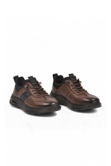 Kahve Hakiki Deri Erkek Casual Ayakkabı Şık Rahat Tabanlı Bağcıklı Sneaker 26K540-3