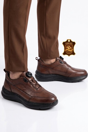 Kahve Hakiki Deri Erkek Casual Ayakkabı Şık Rahat Akıllı Bağcıklı Sneaker 26K541-1