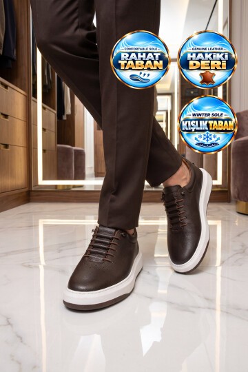 Kahve Hakiki Deri Erkek Sneaker Lastik Bağcıklı Kalın Rahat Taban Casual Ayakkabı 272304