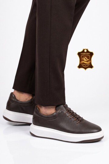 Kahve Hakiki Deri Erkek Sneaker Lastik Bağcıklı Kalın Rahat Taban Casual Ayakkabı 272304
