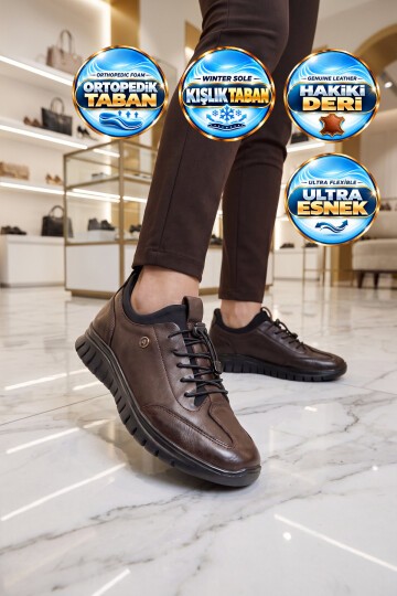 Ortopedik Rahat Tabanlı Lastik Bağcıklı Kauçuk Taban Kahve Hakiki Deri Kadın Casual Ayakkabı 8680