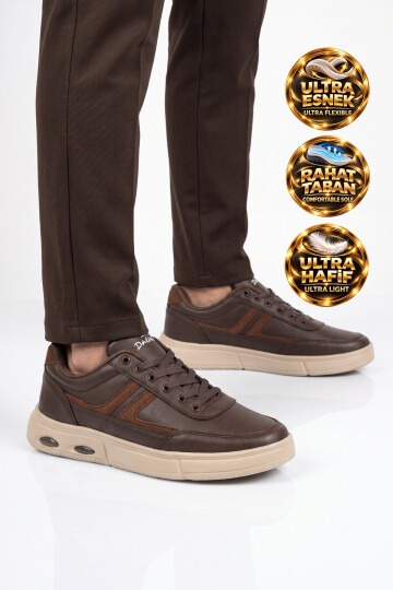 Erkek Kahve Casual Ayakkabı Bağcıklı Cilt Hafif Esnek Yürüyüş Ayakkabı Sneaker 128 Cilt