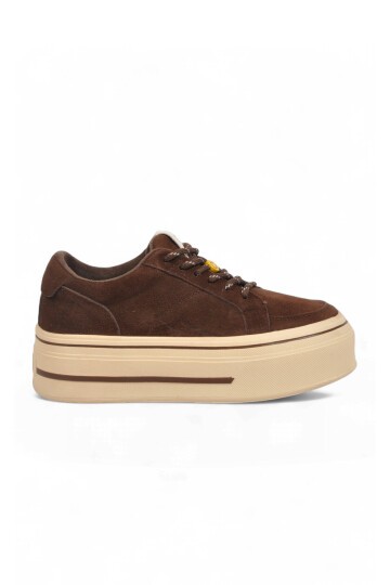 Kahve Hakiki Deri Kadın Casual Ayakkabı Kalın Tabanlı Aksesuar Bağcıklı Şık Rahat Sneaker 26K366-2