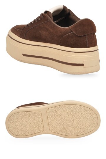 Kahve Hakiki Deri Kadın Casual Ayakkabı Kalın Tabanlı Aksesuar Bağcıklı Şık Rahat Sneaker 26K366-2