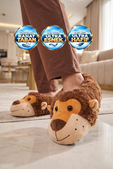 Aslan Desenli Kahve Unisex Ev Terliği Sıcak Tutan Ev Pandufu H025.Z.0006