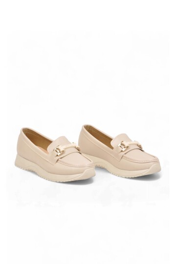 Toka Detaylı Kalın Tabanlı Şık Rahat Krem Kadın Casual Ayakkabı Loafer 067 26K