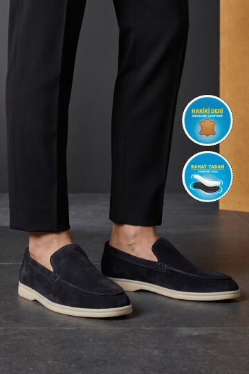 Hafif Rahat Şık Espadril Lacivert Hakiki Deri Erkek Casual Loafer Ayakkabı 6K020-217