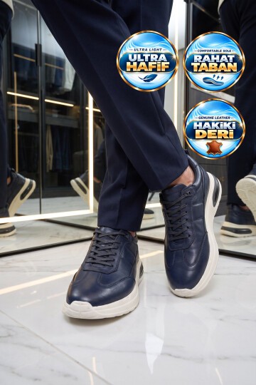 Bağcıklı Kalın Rahat Taban Sneaker Lacivert Hakiki Deri Erkek Casual Ayakkabı HZ1774-0337