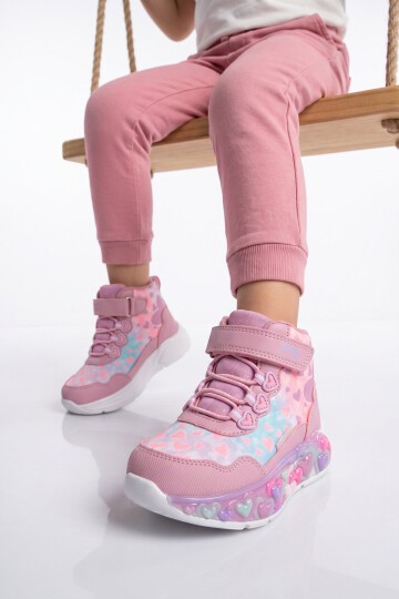 Kız Çocuk Su Geçirmez Işıklı Desenli Pembe-Lila Cırt Bantlı Sneaker Bot Montana