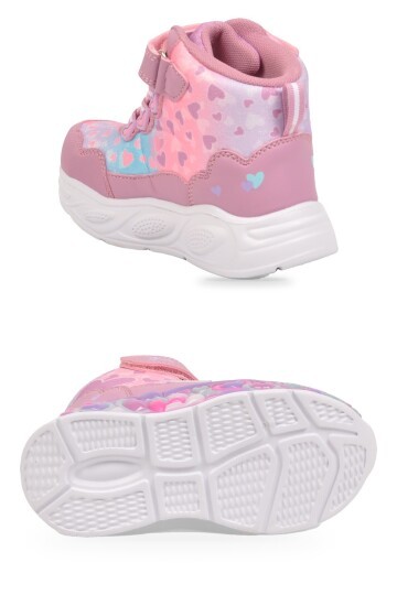 Kız Çocuk Su Geçirmez Işıklı Desenli Pembe-Lila Cırt Bantlı Sneaker Bot Montana