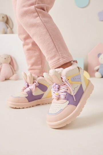 Kız Çocuk İçi Kürklü Sıcak Tutan Aksesuar Bağcıklı Pudra Sneaker Bot Rabbıt