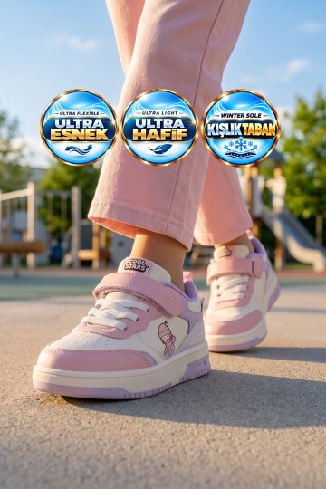 Pudra Kız Çocuk Yürüyüş ve Spor Ayakkabı Cırt Bantlı Kalın Rahat Taban Sneaker Star 26K