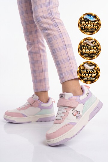Pudra Kız Çocuk Yürüyüş ve Spor Ayakkabı Cırt Bantlı Kalın Rahat Taban Sneaker Star 26K