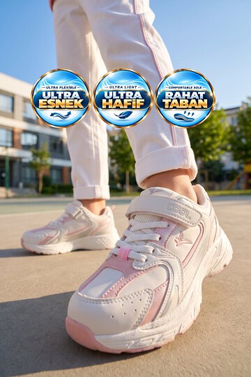 Pudra Kız Çocuk Yürüyüş ve Spor Ayakkabı Cırt Bantlı Kalın Rahat Tabanlı Sneaker Terra 26K