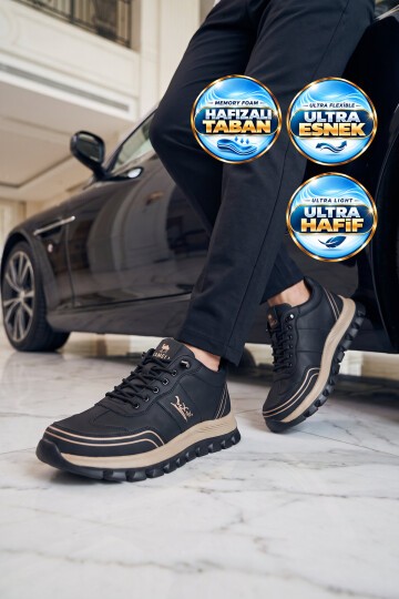 Rahat Memory Taban Sneaker Siyah Lastik Bağcıklı Erkek Casual Yürüyüş Ayakkabı Tough