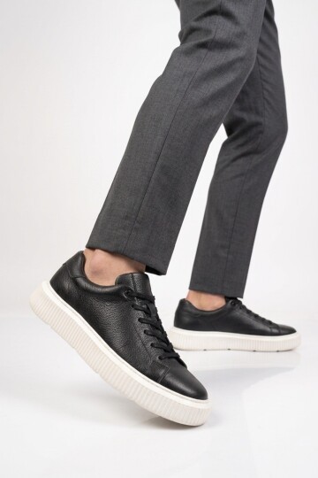 Bağcıklı Kalın Rahat Taban Sneaker Siyah-Beyaz Hakiki Deri Erkek Casual Ayakkabı HZ1458-2049