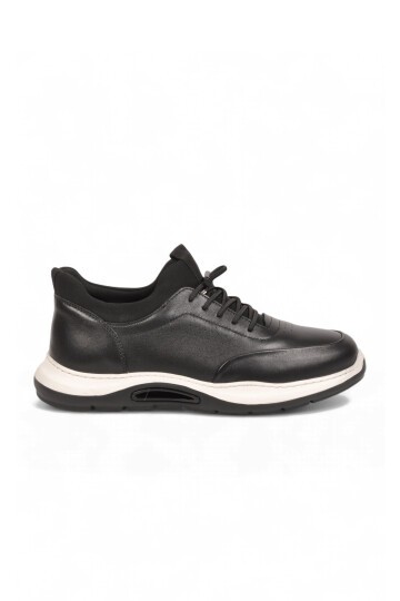 Lastik Bağcıklı Kauçuk Tabanlı Sneaker Şık Rahat Siyah-Beyaz Hakiki Deri Erkek Casual Ayakkabı HZ2844-8225