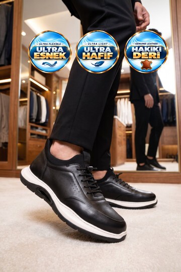 Lastik Bağcıklı Kauçuk Tabanlı Sneaker Şık Rahat Siyah-Beyaz Hakiki Deri Erkek Casual Ayakkabı HZ2844-8225