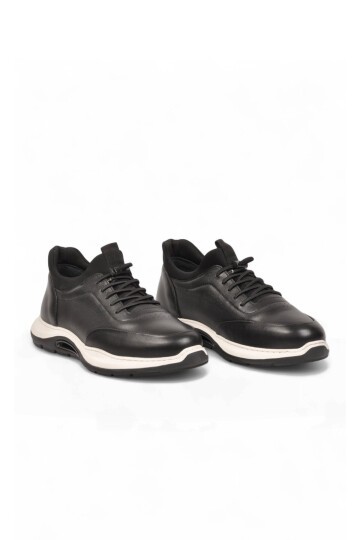 Lastik Bağcıklı Kauçuk Tabanlı Sneaker Şık Rahat Siyah-Beyaz Hakiki Deri Erkek Casual Ayakkabı HZ2844-8225