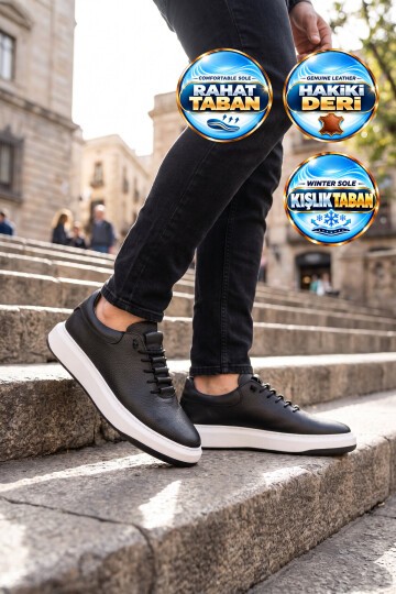 Siyah-Beyaz Hakiki Deri Erkek Sneaker Lastik Bağcıklı Kalın Rahat Taban Casual Ayakkabı 272304