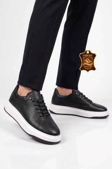 Siyah-Beyaz Hakiki Deri Erkek Sneaker Lastik Bağcıklı Kalın Rahat Taban Casual Ayakkabı 272304