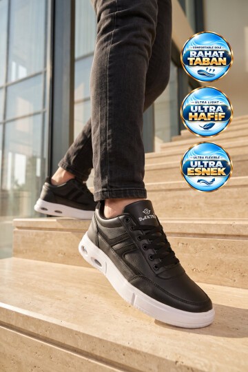 Erkek Siyah-Beyaz Casual Ayakkabı Bağcıklı Cilt Hafif Esnek Yürüyüş Ayakkabı Sneaker 128 Cilt