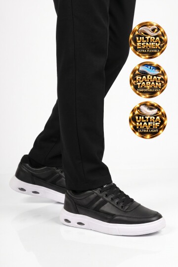 Erkek Siyah-Beyaz Casual Ayakkabı Bağcıklı Cilt Hafif Esnek Yürüyüş Ayakkabı Sneaker 128 Cilt