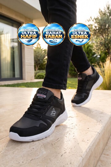 Erkek Siyah-Beyaz Bağcıklı Hafif Esnek Yürüyüş ve Spor Ayakkabı Sneaker Core 020