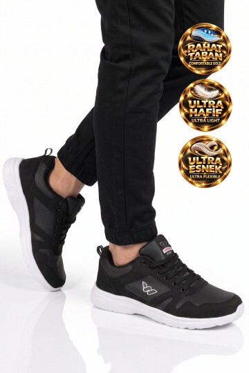 Erkek Siyah-Beyaz Bağcıklı Hafif Esnek Yürüyüş ve Spor Ayakkabı Sneaker Core 020