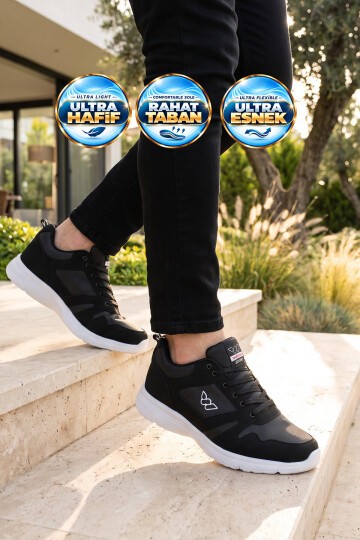 Erkek Siyah-Beyaz Büyük Numara Bağcıklı Hafif Esnek Yürüyüş ve Spor Ayakkabı Sneaker Core 020