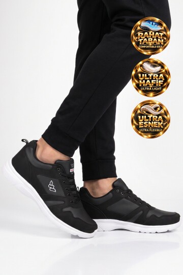 Erkek Siyah-Beyaz Büyük Numara Bağcıklı Hafif Esnek Yürüyüş ve Spor Ayakkabı Sneaker Core 020